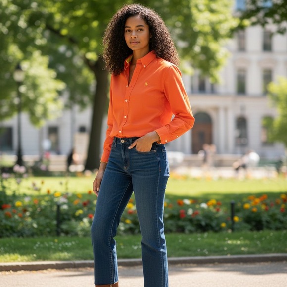 Lauren Ralph Lauren Tops - Lauren Ralph Lauren Shirt Womens S Orange Long Sleeve Cotton Button Up Preppy